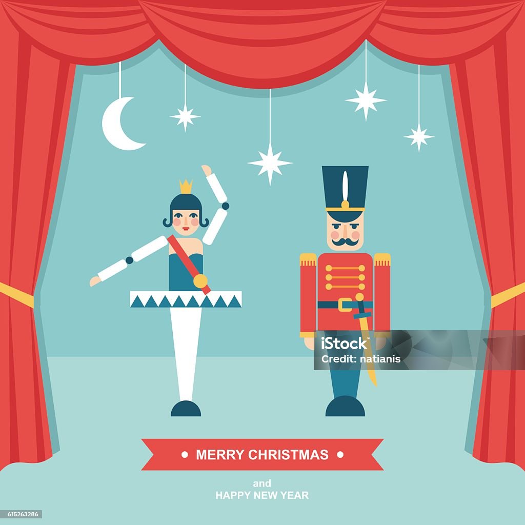 Nutcracker christmas scene flat vector illustration Vector illustration/greetings card in modern flat design of christmas puppet theatre scene with nutcracker characters. Puppet Show stock vector