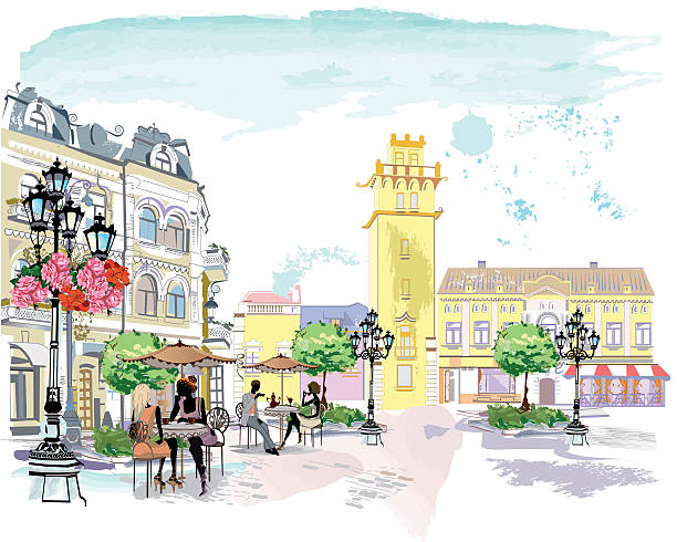 Watercolor street cafe. Series of the street cafes with people, men and women, in the old city, watercolor vector illustration. Waiters serve the tables.  paris france illustrations stock illustrations