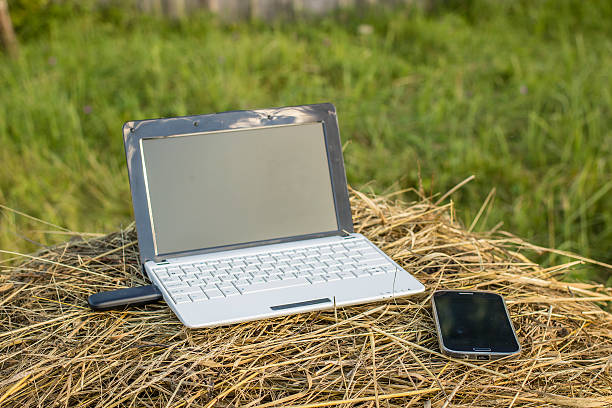 istock laptop with modem is on the phone next to haystack 615264142