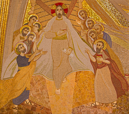 Bratislava, Slovakia - October 1, 2014: Bratislava - The mosaic of resurrected Christ among the apostles in the Saint Sebastian cathedral designed by jesuit Marko Ivan Rupnik (2011).