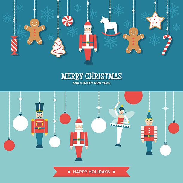 ilustraciones, imágenes clip art, dibujos animados e iconos de stock de dulces y juguetes adornos navideños pancartas vectoriales planas - hombre de jengibre