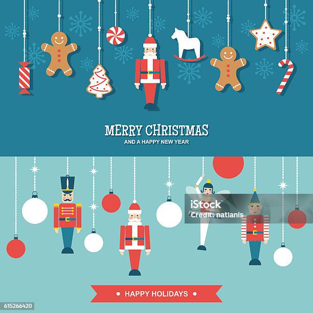 Sweets And Toys Christmas Ornaments Flat Vector Banners Stock Illustration - Download Image Now