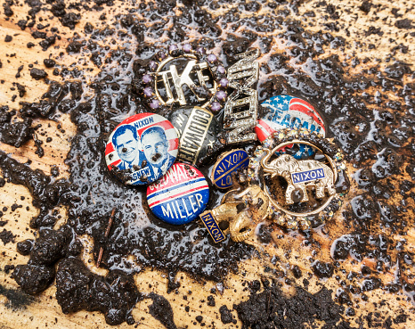 Catskill, NY, USA October 15, 2016  Mud splattered Republican Party campaign pins leading up to November 8, 2016 presidential election