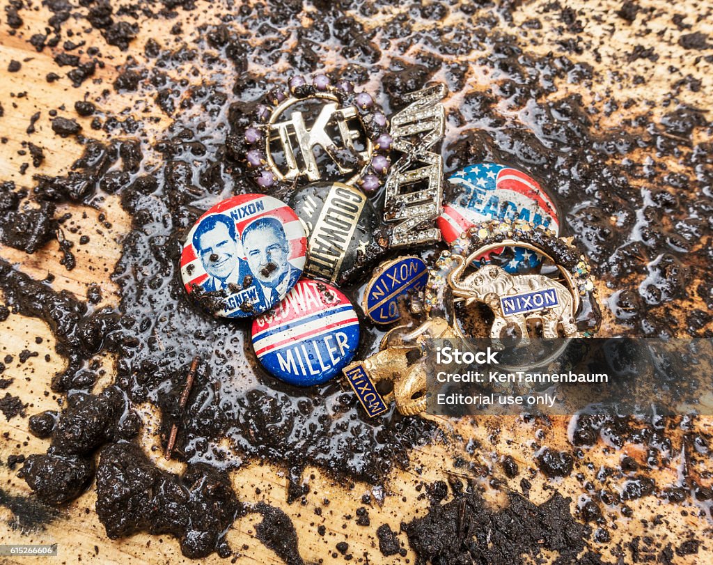 mud splattered Republican Party campaign pins Catskill, NY, USA October 15, 2016  Mud splattered Republican Party campaign pins leading up to November 8, 2016 presidential election Richard Nixon Stock Photo