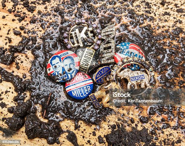 Mud Splattered Republican Party Campaign Pins Stock Photo - Download Image Now - Richard Nixon, Campaign Button, Election