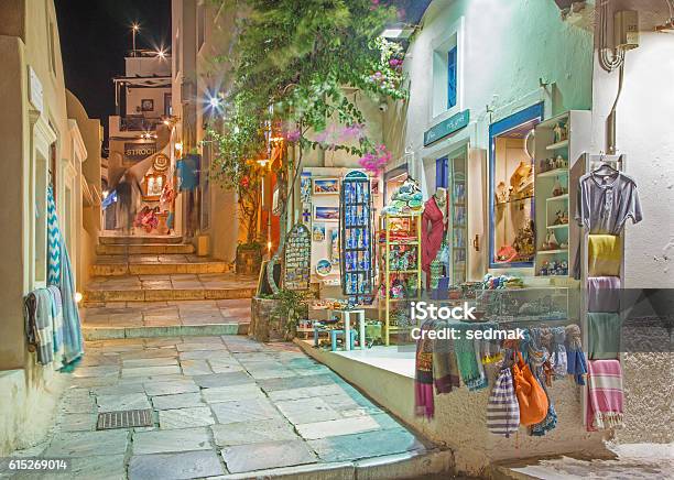 Santorini The Street Of Oia With The Souvenirs Shops Stock Photo - Download Image Now