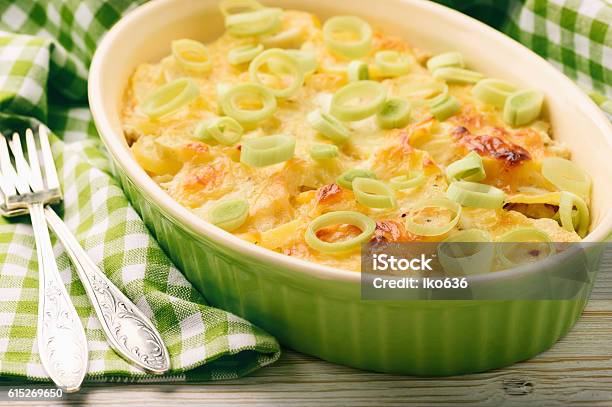 Casserole With Chicken Potatoes Leek And Cheese Stock Photo - Download Image Now - Leek - Vegetable, Casserole, Prepared Potato
