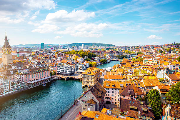 Aerial view on Zurich city in Switzerland Aerial panoramic cityscape view on the old town of Zurich city in Switzerland zurich photos stock pictures, royalty-free photos & images