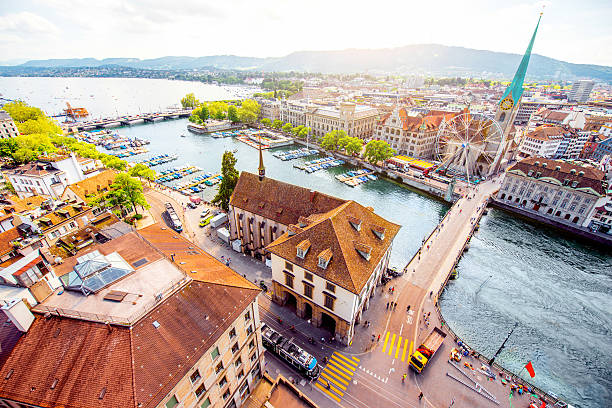 Aerial view on Zurich city in Switzerland Aerial panoramic cityscape view on the old town of Zurich city in Switzerland switzerland zurich architecture church stock pictures, royalty-free photos & images