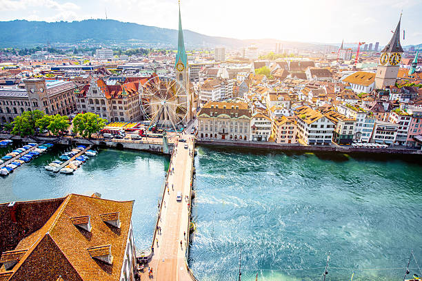 Aerial view on Zurich city in Switzerland Aerial panoramic cityscape view on the old town of Zurich city in Switzerland swiss culture photos stock pictures, royalty-free photos & images