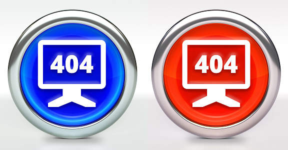 404 Error Monitor Icon on Button with Metallic Rim. The icon comes in two versions blue and red and has a shiny metallic rim. The buttons have a slight shadow and are on a white background. The modern look of the buttons is very clean and will work perfectly for websites and mobile aps.