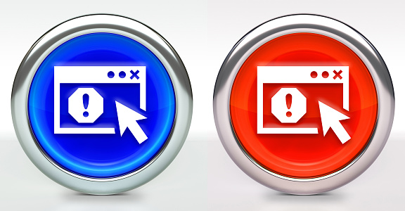 Error Screen Icon on Button with Metallic Rim. The icon comes in two versions blue and red and has a shiny metallic rim. The buttons have a slight shadow and are on a white background. The modern look of the buttons is very clean and will work perfectly for websites and mobile aps.