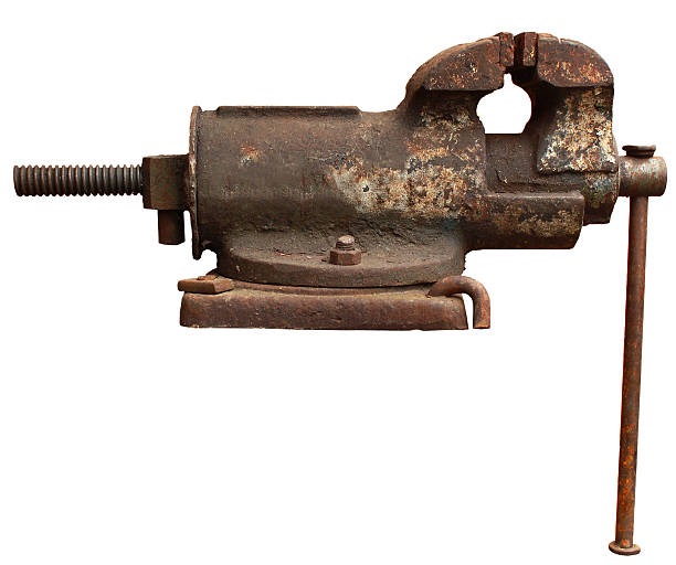 istock Old dirty rusty vise isolated on white background 615271934