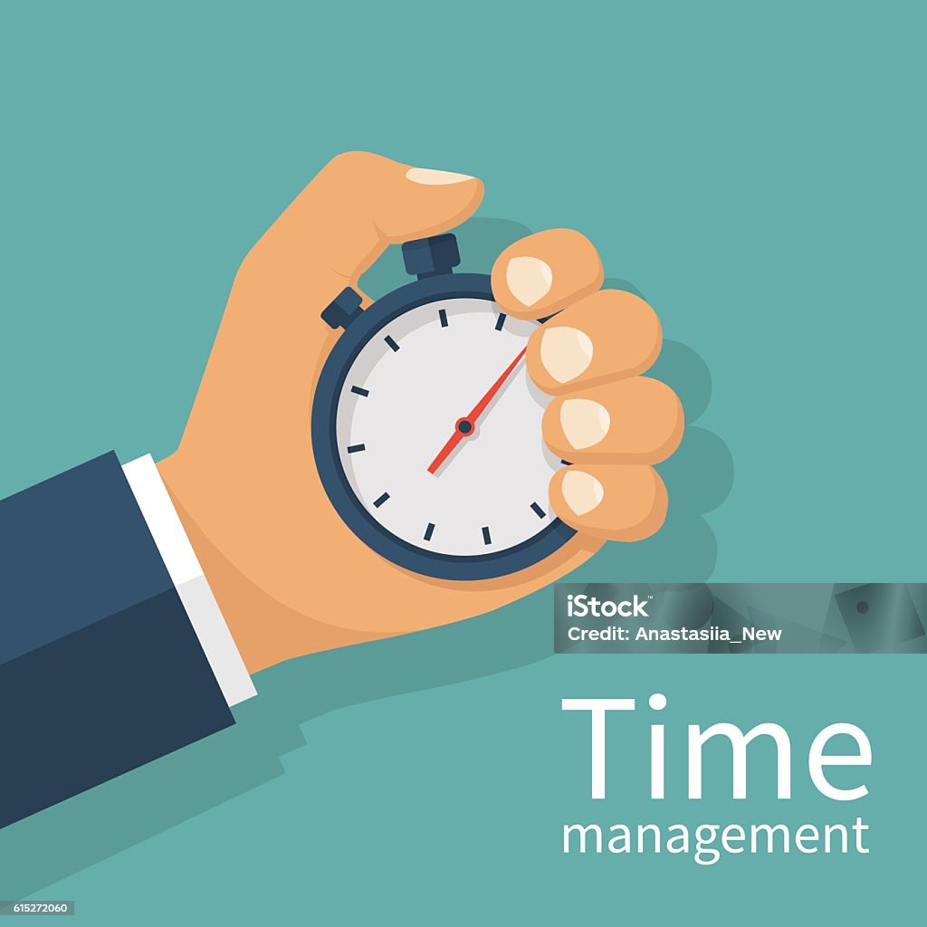 Hand holding stopwatch Male hand holding stopwatch. Time management concept. Flat design style vector illustration. Time control, planning. Isolated on background. Stopwatch stock vector