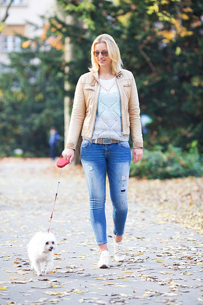 istock Young woman walking dog in park 615272160