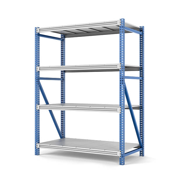 Rendering of metal rack with four shelves, isolated on a