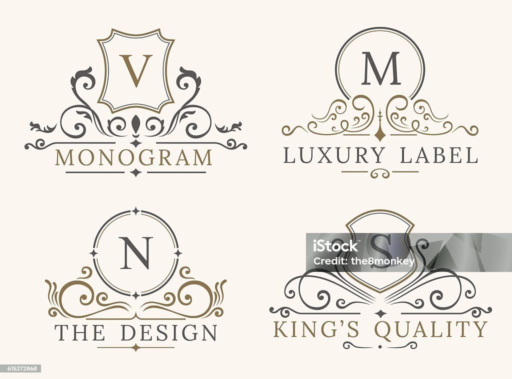 Luxury Logo Template. Shield Business Sign for Signboard. Monogram Identity Luxury Logo Template. Shield Business Sign for Signboard. Monogram Identity for Restaurant, Hotels, Boutique, Cafe, Shop, Jewelry, Fashion. Flourishes Vector Calligraphic Ornament Elements Border - Frame stock vector