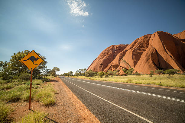 Kangaroo warning sign in the outback, Australia Kangaroo warning sign in the outback, Northern territory, Australia. kangaroo crossing sign stock pictures, royalty-free photos & images