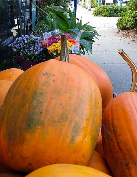 istock Pumpkins and fall flowers at market. 615275062
