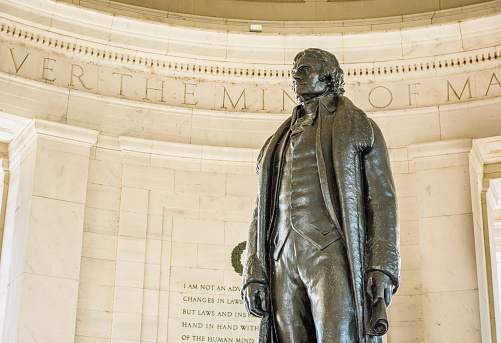 Washington DC, USA - August 27, 2016: Thomas Jefferson Memorial with bronze statue