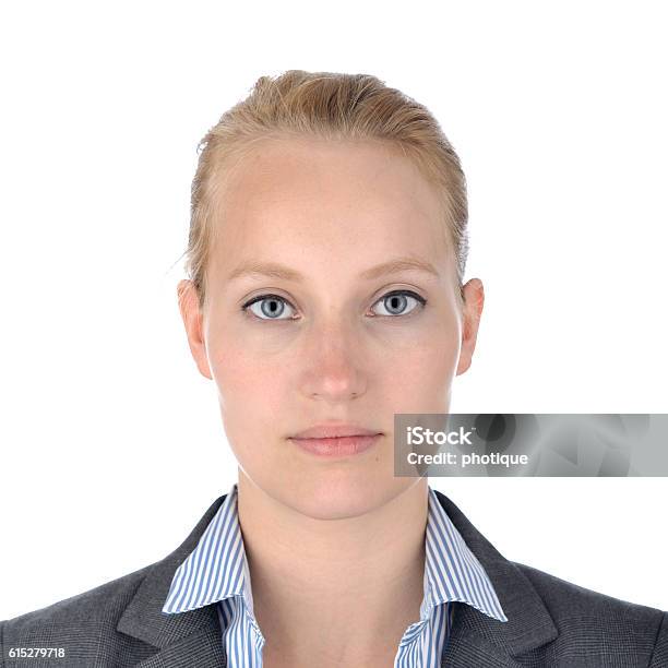 Businesswoman Portrait On White Stock Photo - Download Image Now - Photo Booth Picture, Photography, Passport