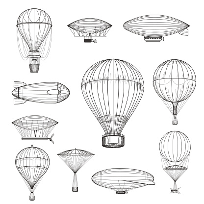 Vintage hot air balloons. Retro hand drawn air balloon set vector illustration