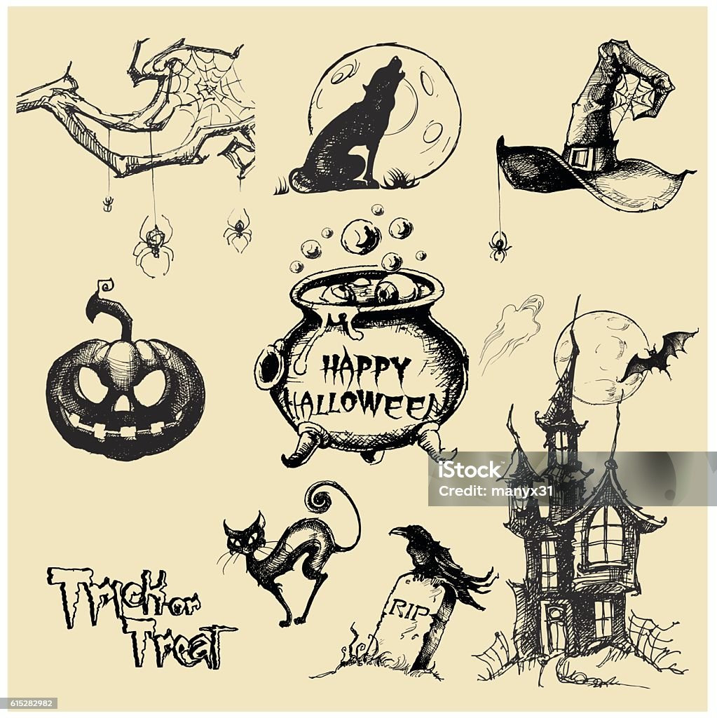 Halloween vector collection.Hand drawn illustration Halloween. Line art. Doodle. Black and white drawings by hand Halloween stock vector