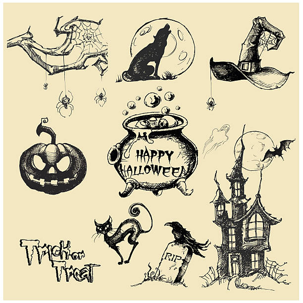 Halloween vector collection.Hand drawn illustration Halloween. Line art. Doodle. Black and white drawings by hand cat witch stock illustrations