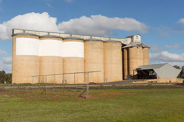 Grain silos on the railway line in the tiny rural village of Beckom, New South Wales, Australia