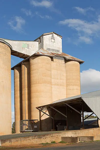 Grain silos on the railway line in the tiny rural village of Beckom, New South Wales, Australia