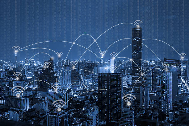 istock blue tone city scape and wifi network connection concept,technol 615386292