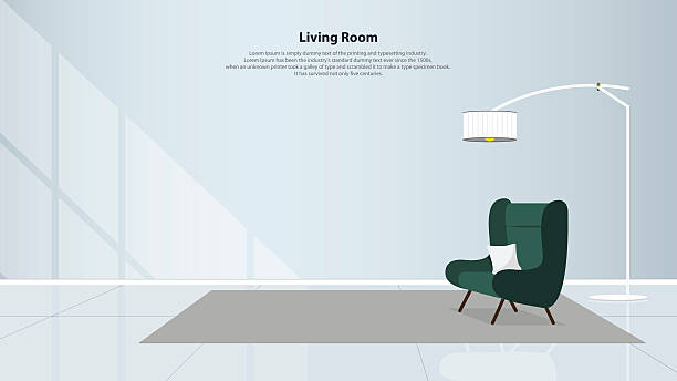 Home interior design with furniture. Living room with green armchair. Vector Home interior design with furniture. Modern living room with green armchair, table, lamps and carpet in flat design. Minimal style. Vector illustration. chair illustrations stock illustrations