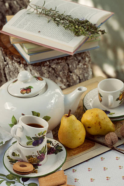 istock Garden picnic, tea set and a book 615388362