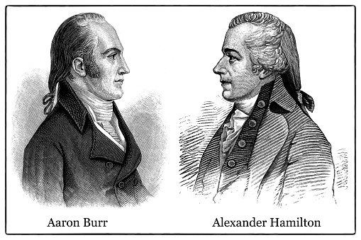 Two separate portraits portraits combined in this image. Alexander Hamilton and Aaron Burr confronted each other in a a duel on July 11, 1804. Alexander Hamilton died.