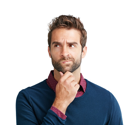 Close-up of pensive face of mature businessman. Senior manager wearing formalwear standing with hand on chin and looking away against white background. Business plans and aspirations concept