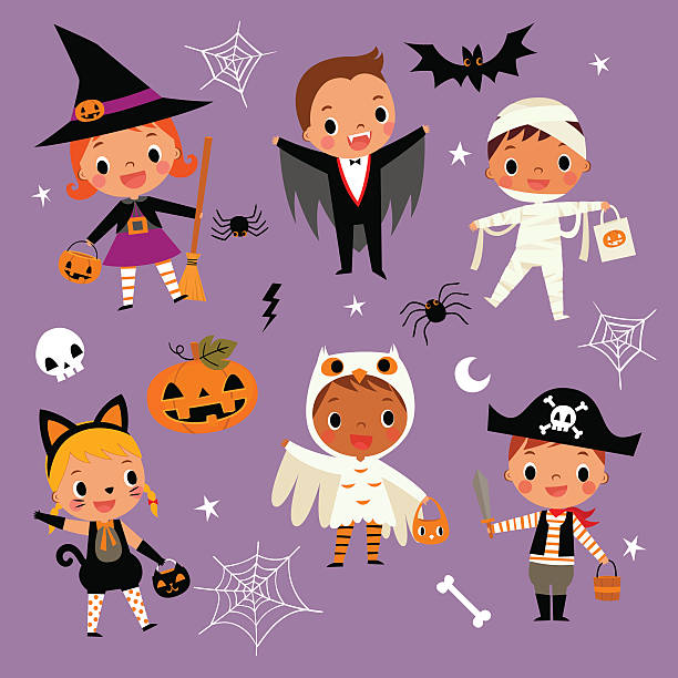 illustration of cute cartoon children in colorful Halloween costumes. illustration set of cute happy cartoon children in colorful Halloween costumes.witch, vampire, cat,owl, dracula, pirate, mummy, pumpkin, spider stage costume stock illustrations