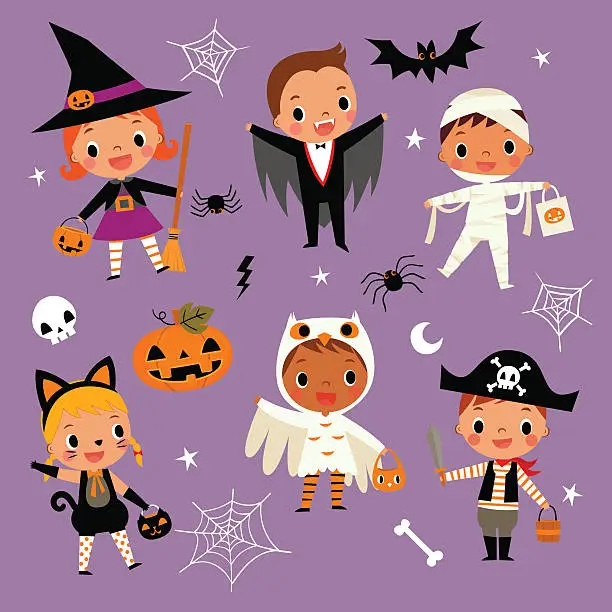 Vector illustration of illustration of cute cartoon children in colorful Halloween costumes.
