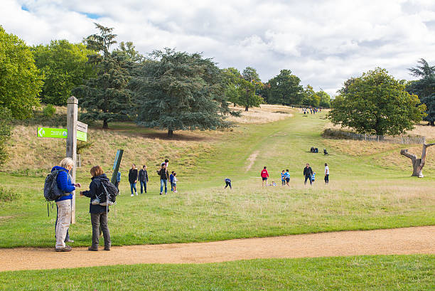 Urban hikers on a path in Richmond park, London. London, UK - October 9, 2016: Urban hikers on a path near Petersham gate in Richmond park, London. Unidentified people hiking on the hill in the background richmond park stock pictures, royalty-free photos & images