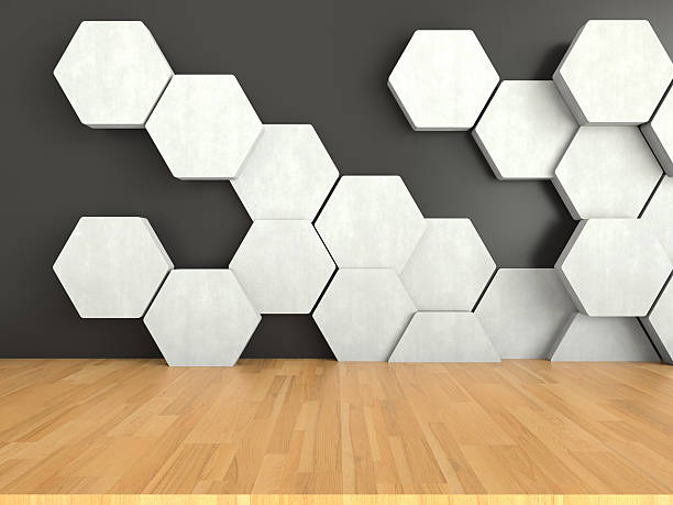 istock Wooden floor with white hexagons pattern on dark wall background 615401922