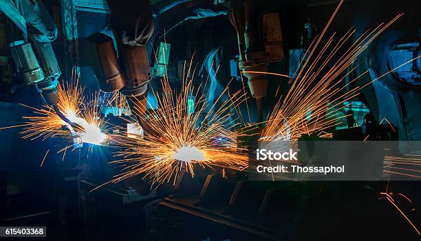 Modern Automated Assembly Line For Cars Stock Photo - Download Image Now - Manufacturing, Welding, Robot