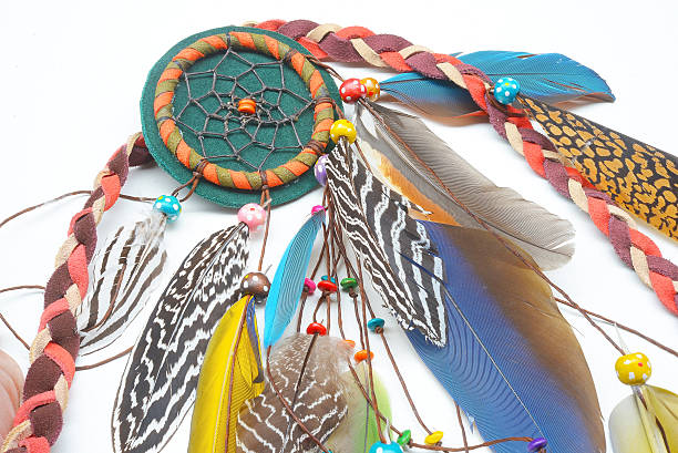 istock Decoration from feathers and gemstones. Boho style background 615403474