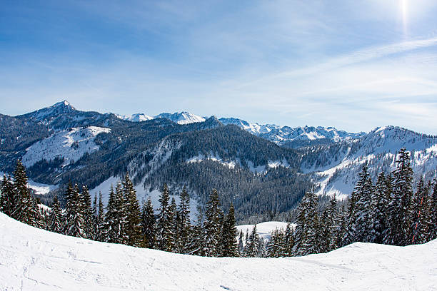 stevens pass paesaggio montano giornata di sole montagne a cascata - sunny day mountain mountain range winter foto e immagini stock