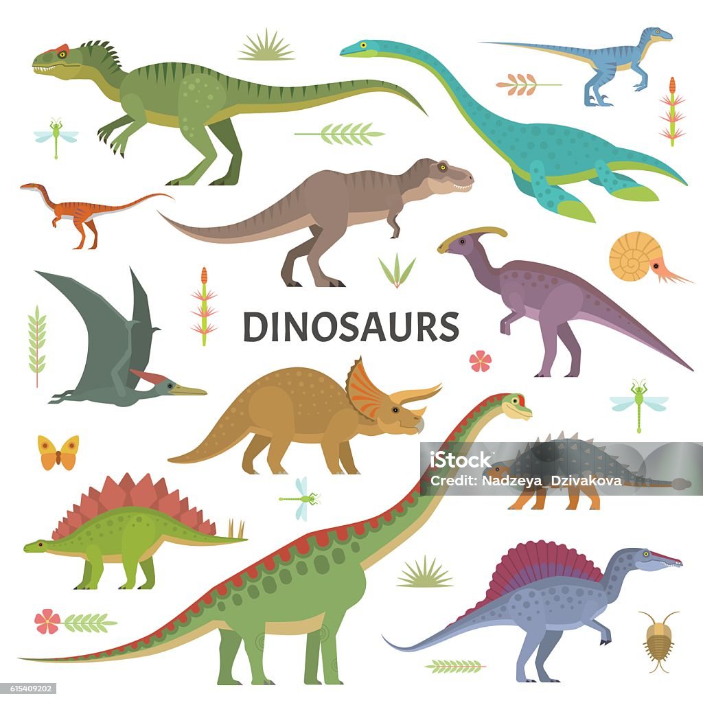 Dinosaurs collection Vector collection of cute flat dinosaurs, including T-rex, Stegosaurus, Velociraptor, Pterodactyl, Brachiosaurus and Triceratop, isolated on white. Dinosaur stock vector