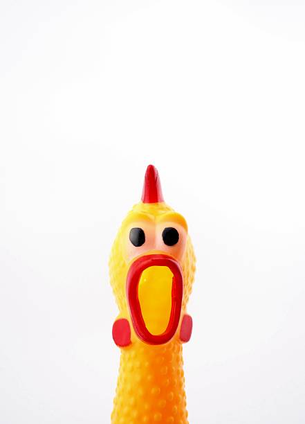 istock Yellow shrilling chicken with red lips on white background 615409284