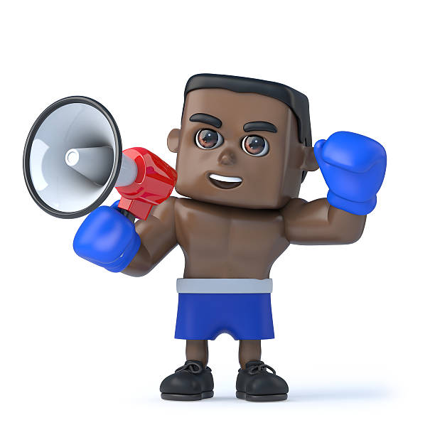 istock 3d Black boxer shouts through a megaphone 615409418