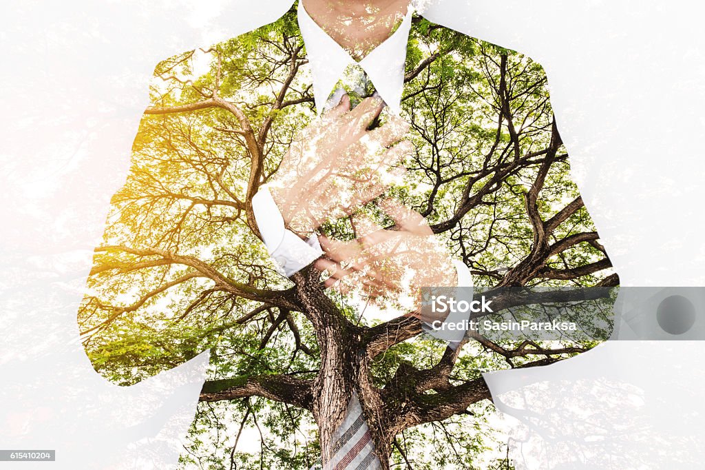 Double Exposure Businessman in Suit with Big Tree Double Exposure Businessman in Suit with Big Tree with Bright Sunlight Sustainable Resources Stock Photo
