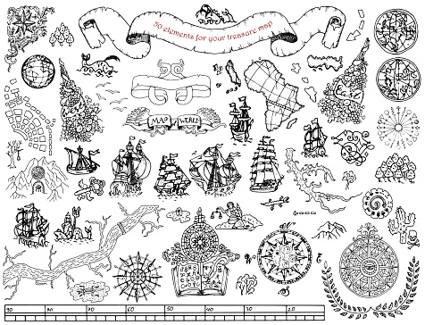 Graphic set with hand drawn elements for pirate map design on white. Vintage adventures and treasure hunt concept. Doodle drawings with old ships, wind compass, mystic and geographical symbols