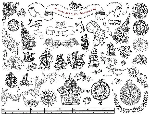 Vector illustration of Set with hand drawn elements for treasure hunt and map