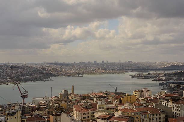 Istanbul, Turkey - March 17, 2015: View from the Galata tower on the Golden Horn  in Istanbul during a cloudy day.