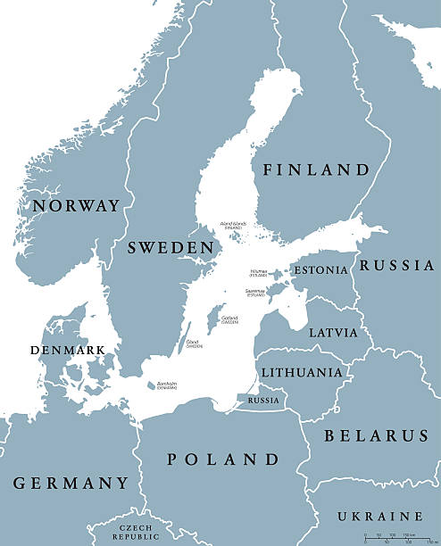 Baltic Sea area countries political map Baltic Sea area countries political map with national borders. Nations and states of Scandinavia. English labeling and scaling. Gray illustration on whhite background. baltic sea stock illustrations